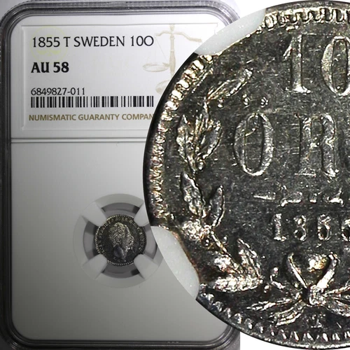 SWEDEN Oscar I (1844-1859) Silver 1855 T 10 Ore NGC AU58 KM# 683 (011)
