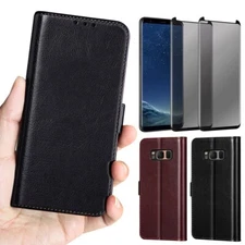 For Samsung Galaxy S8 S8+ Plus Case Leather Wallet Cover Privacy Tempered Glass