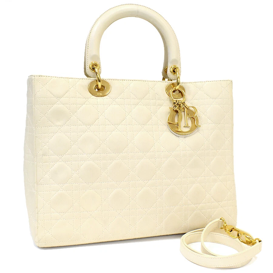 Authentique sac à main bandoulière Dior Lady Dior cannage cuir ivoire T00N