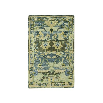 2'1''x3'6'' Green Erased Zoroastrian Design Hand Knotted Pure Wool Mat Rug G75689