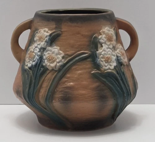 Roseville Jonquil Flowers Reproduction Double Handle Art Pottery Vase