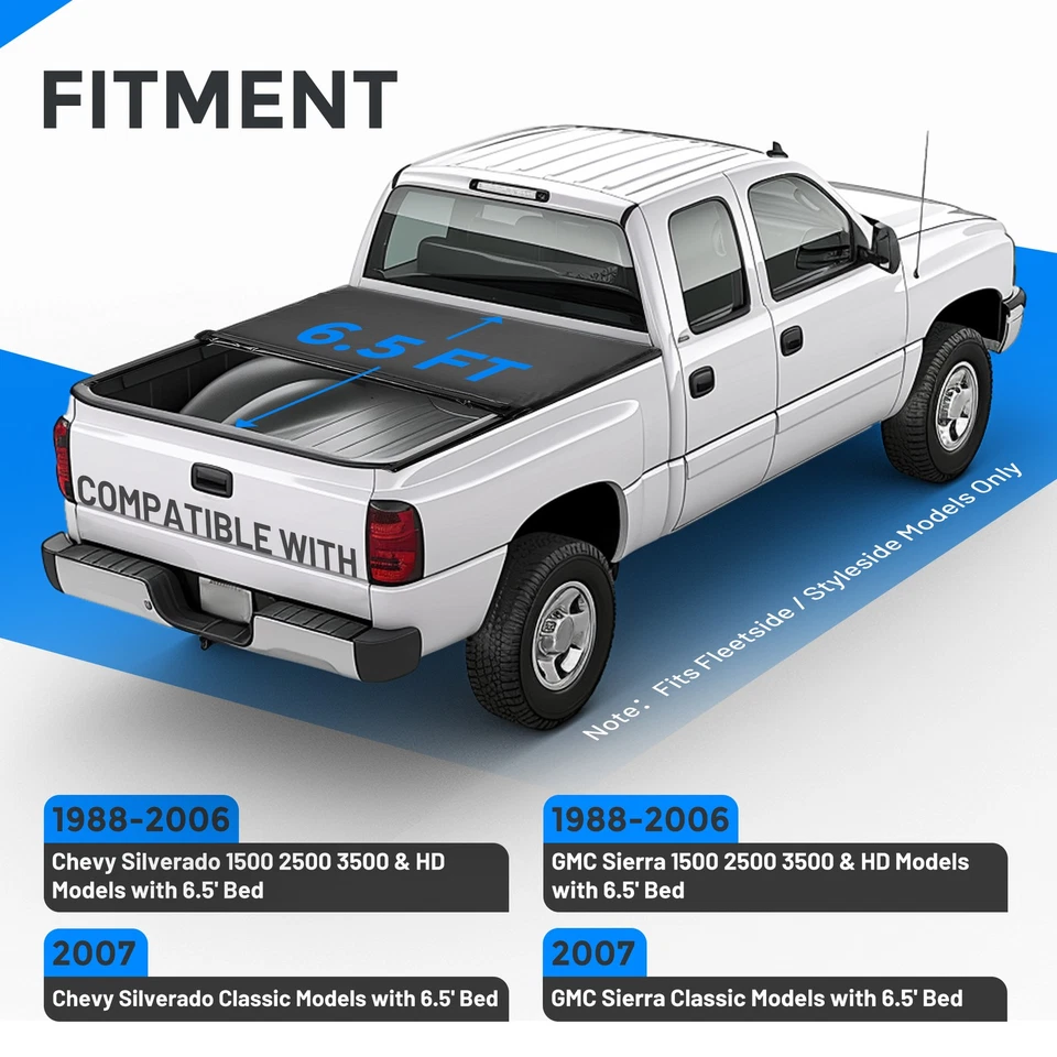 For 1988-2007 GMC Sierra Chevy Silverado 1500 Tonneau Cover 6.5FT Bed Roll-Up - Image 2 of 4