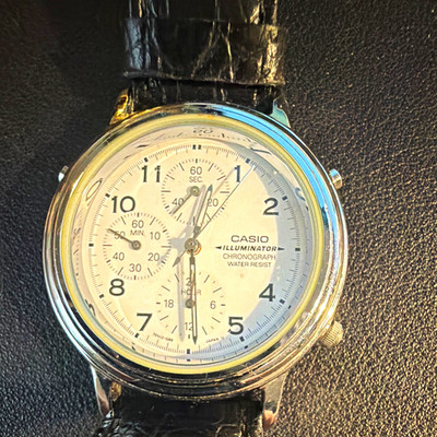 Casio Illuminator Chronograph Quartz WR Watch Black Leather Strap White Dial
