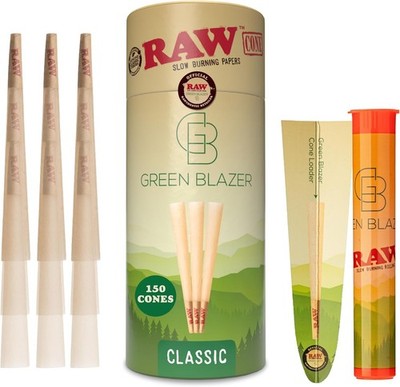RAW Cones Classic KING size Green Blazer 109mm  Pre rolled w/Tips  * 150 Pack*