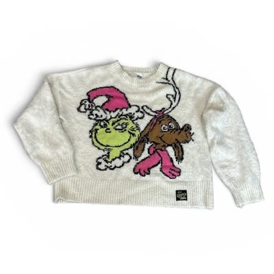 The Grinch by Justice Girls XL 16/18 Fuzzy Knit Christmas Sweater Cream Max Dog - Image 1 of 4