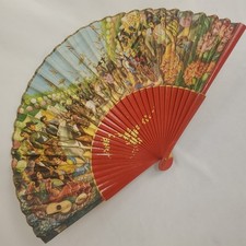 VTG Wood Fabric Folding Fan Painted Spanish Style Senor Senorita Red Multicolor
