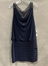 XSCAPE Women's Navy Blue Cocktail Dress NWT Beaded Cowl Neck Pleated Sz 10