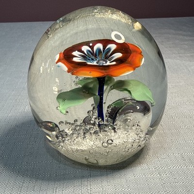 Vintage Art Glass Paperweight Orange Flower 3 