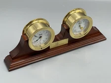 Weems and Plath Barometer and Clock Duo Brass With Emblem on wooden base