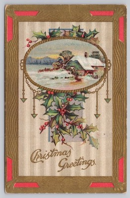 1909 Christmas Greetings Postcard Embossed Winter Mill Scene Washington DC