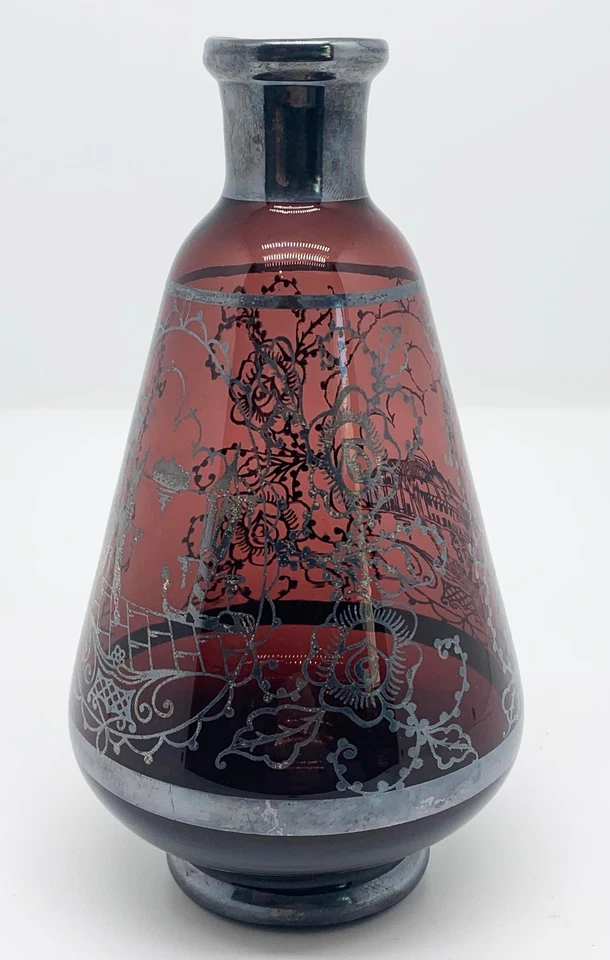 Glasvase alt weinrot verziert handbemalt silber Andenken Motiv orientalisch Deko - Bild 2 von 4