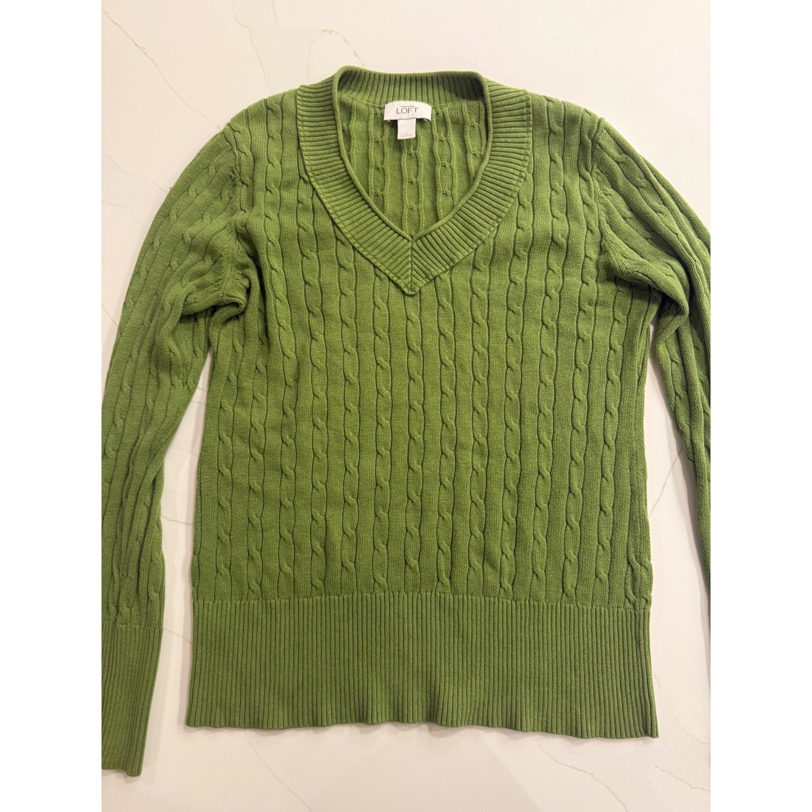 Loft Ann Taylor Green Cable Knit V Neck Sweater Long Sleeve Size L
