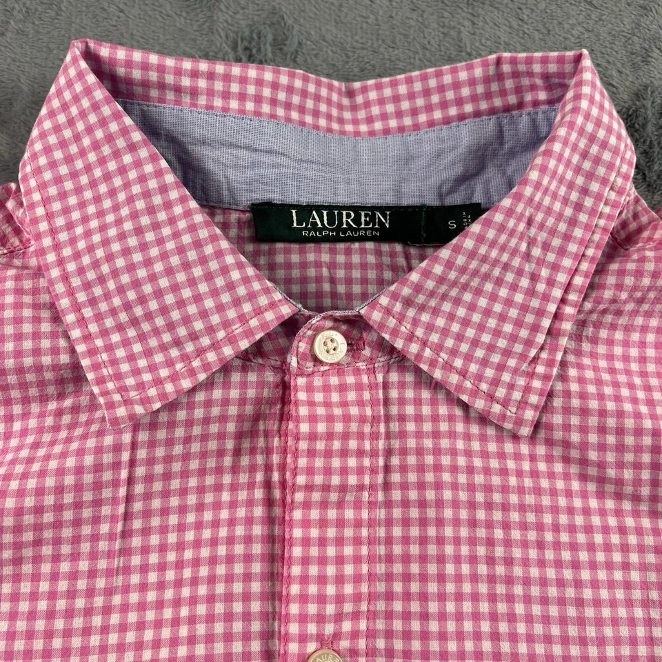 Camisa pijama feminina Lauren Ralph Lauren pequena rosa botão para baixo algodão monograma - Imagem 4 de 4
