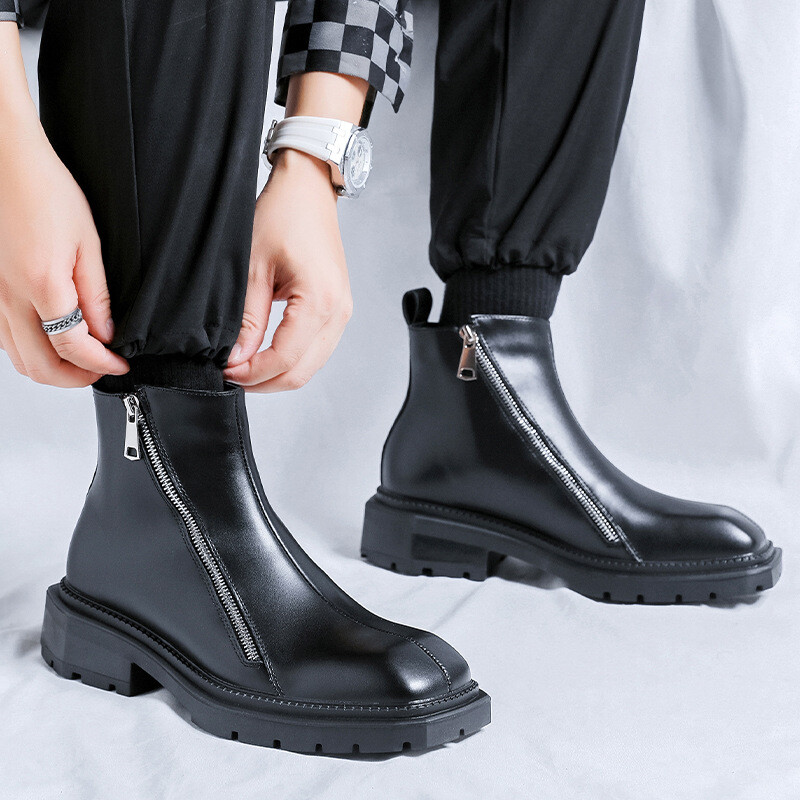 Korean Style Mens Chelsea Boots Square Toe Mid Top Ankle