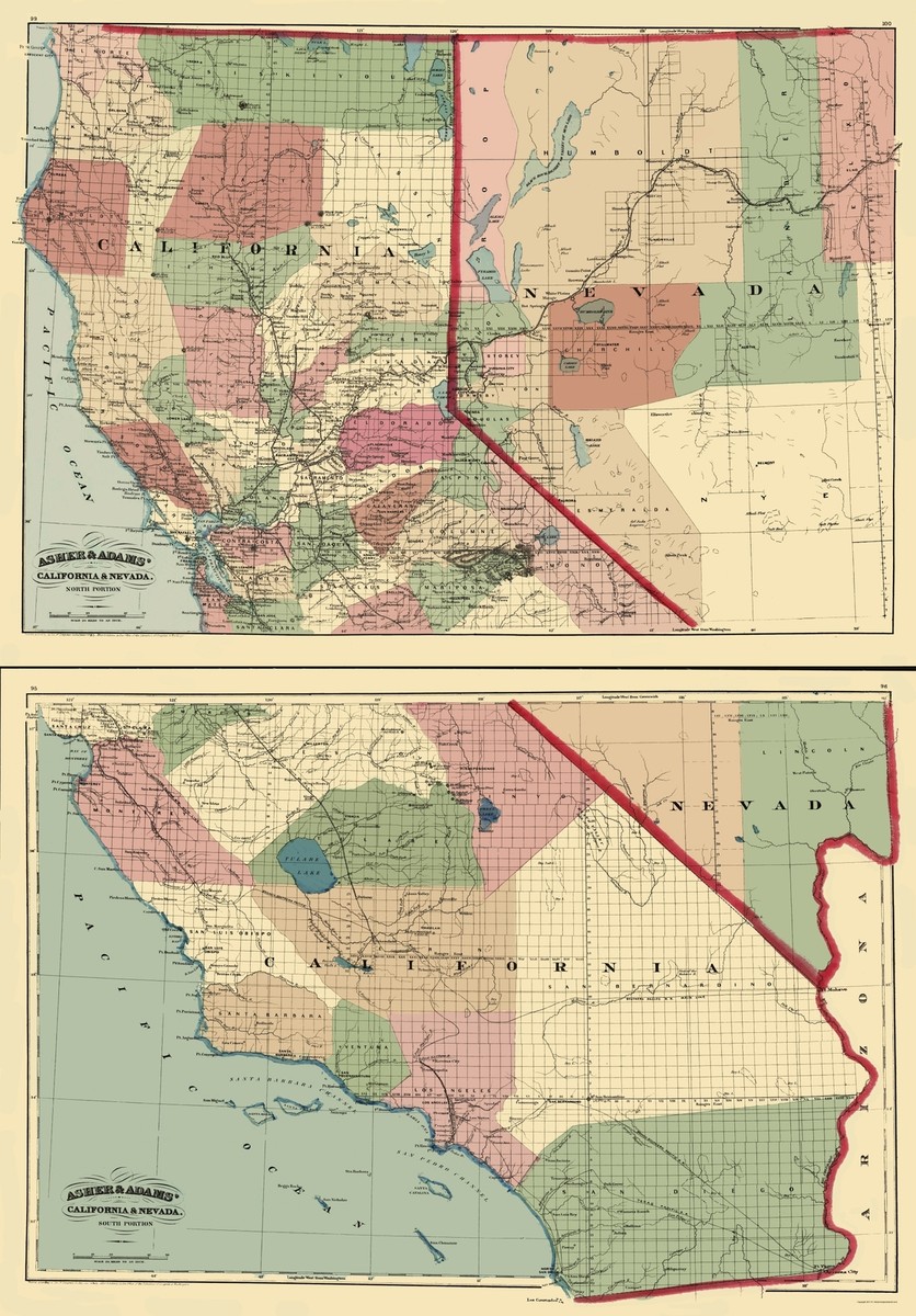 Ca/nv California Nevada State Outline Historic State Map California Nevada
