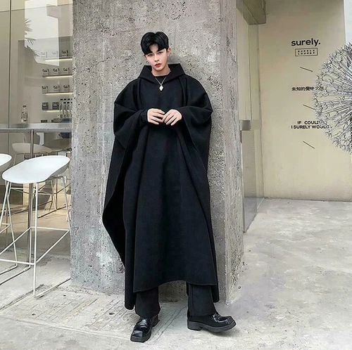 Men Fashion Hooded Wool Blend Black Pullover Oversize Cloak Cape Coat Ourwear - Bild 6 von 13