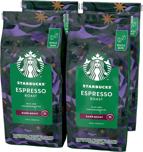 Starbucks Espresso Roast Dark Roast Whole Bean Coffee 450g - Pack of 4, Fresh