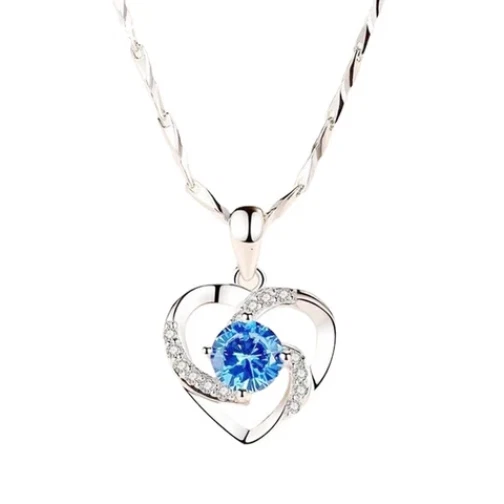CATENINA IN RAME COLOR ARGENTO CON CIONDOLO CUORE E ZIRCONI AZZURRO PER DONNA - Immagine 2 di 2