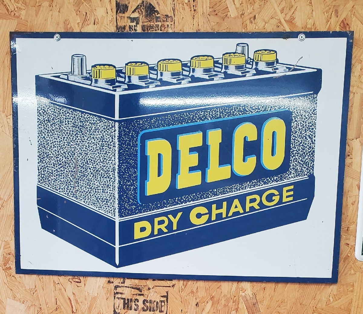 Vintage Delco Battery Sign ( DOUBLE SIDED ) 1950'S ORIGINAL VERY