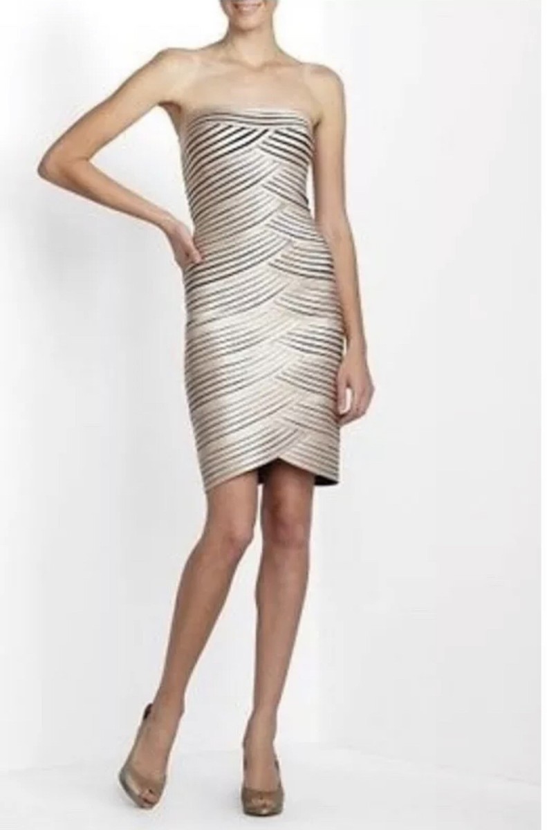 BCBG MAX AZRIA $398 Champagne Gold Beverly Body Con NYE Party Dress 0 2 4 XS EUC