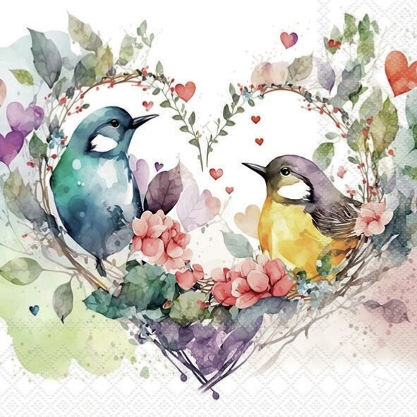 4 Luncheon paper napkins Loving Birds in heart floral for craft decoupage