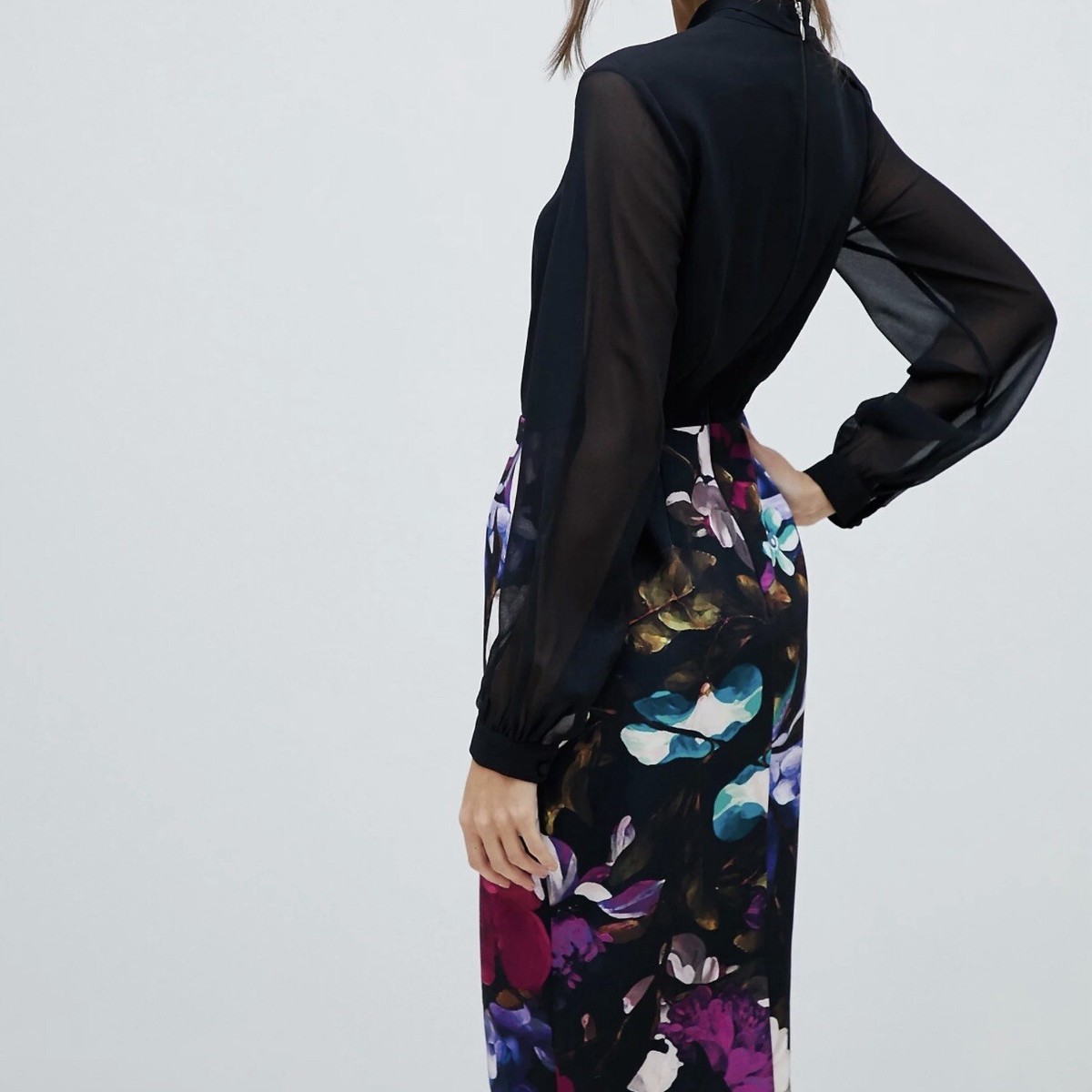 Paper Dolls Printed Pencil Dress Tie Neck Womens Sz 12 Black Purple Floral  | eBay