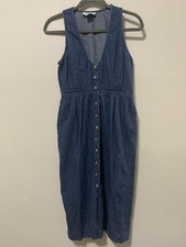 Talbots Women 2 Petite Blue Denim Sleeveless Button Down Dress Boho Hippie