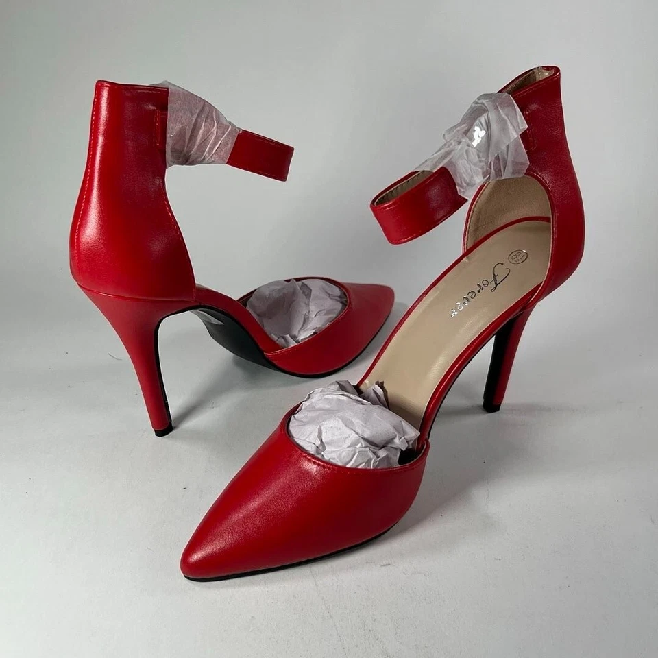 Forever Red Cuero Brillante Suave 4 pulgadas Tacones Punta Punta Correa de Tobillo Talla 8.5 Foto 3 de 4