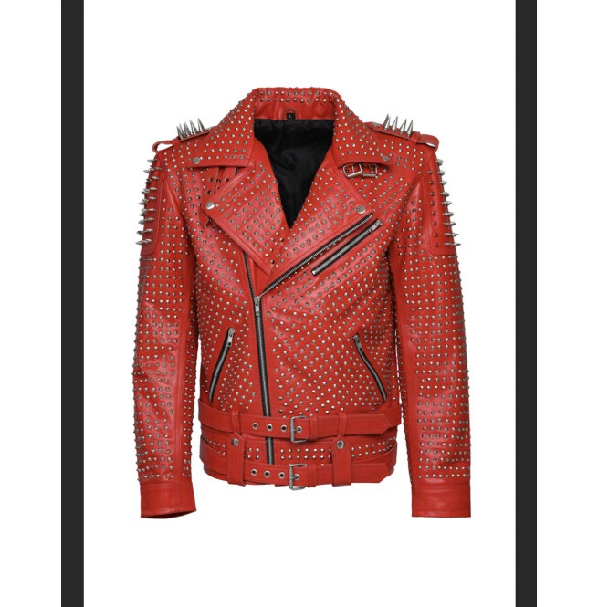 Hand Studded Red Spiked Leather Jacket for Men, Rivet Punk Studded Jacket - Image 4 of 4