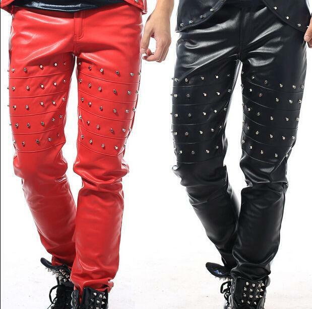 Mens Punk Cool Faux Leather Straight Pants Spike Stud PU Pants