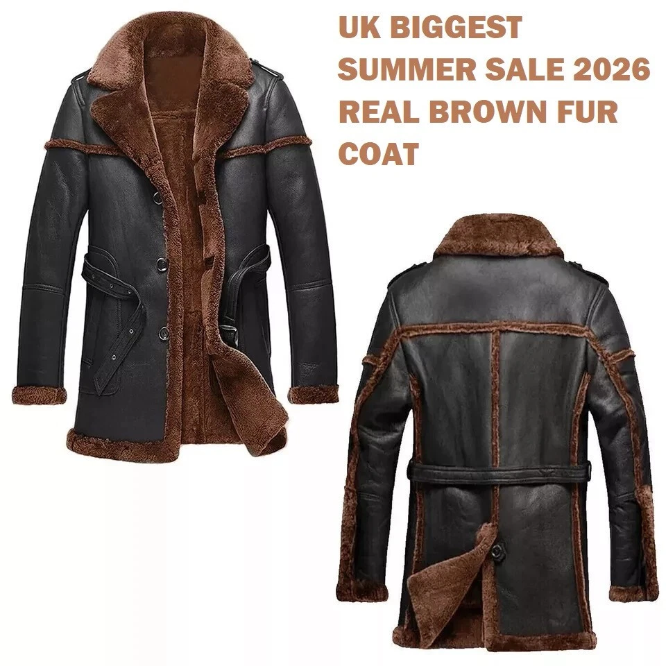 Men’s Shearling Leather Coat Fur Lined Winter Jacket Warm Overcoat Casual Long