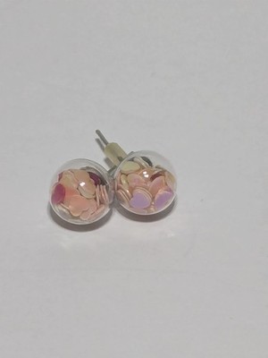 Clear Acrylic Round Ball Stud Earrings With Multicolor Confetti Hearts 1/4''