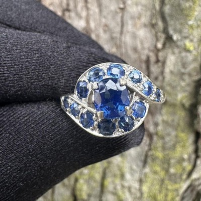 Antiker Weißgold AGL 2,20ctw alter gepolsterter ovaler Saphir Bypass Ring ohne Hitze