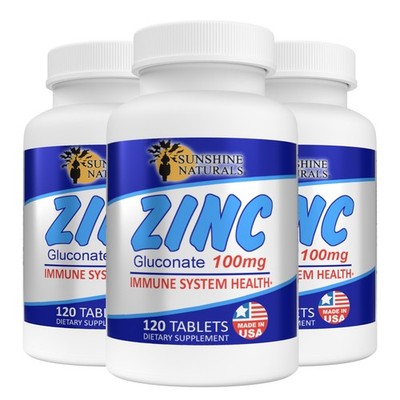 Sunshine Naturals Zinc Gluconate 100mg. 120 Tabs, Pack of 3