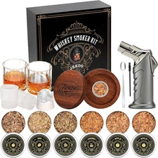 Whiskey Smoker Kit with Torch - 6 Flavors Wood Chips, 2 Glasses, 2 Ice Ball