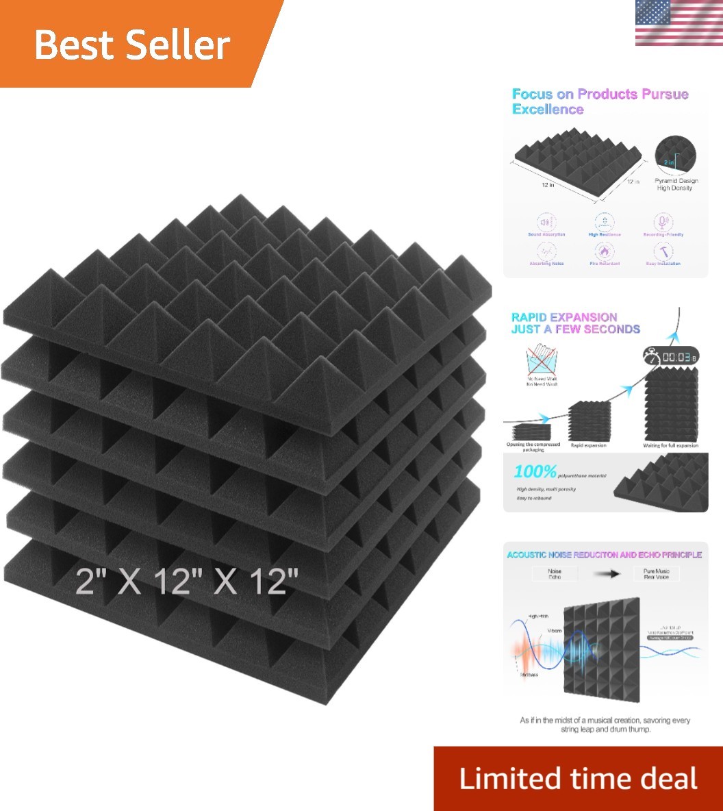 Quick Expand Pyramid Acoustic Panels - Non-Adhesive 6 Pack for Studios & Gamers