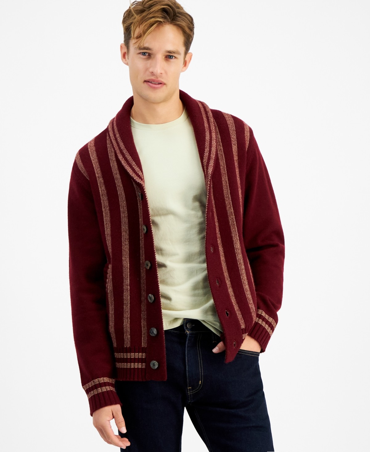 Crwth Мужской кардиган обычного покроя с длинным рукавом и большим V-образным вырезом в красную полоску