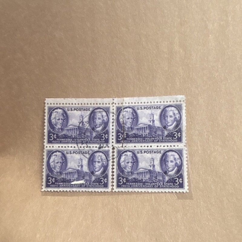 United States Tennessee Volunteer State 3¢ Purple Stamp Block of 4 Used Uncert