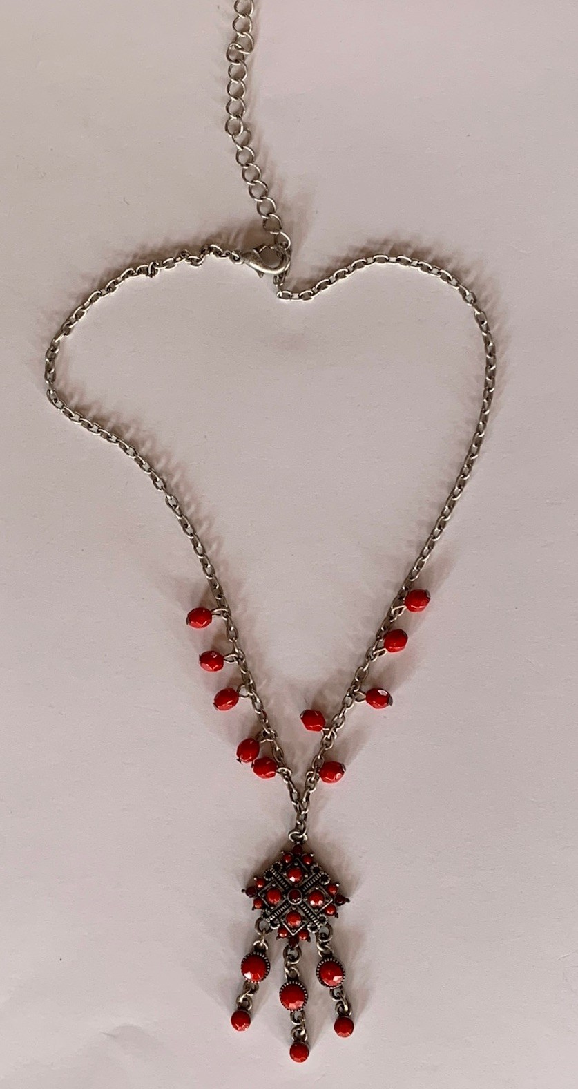 Delicate Designed Silvertone Red Beaded Pendant N… - image 2