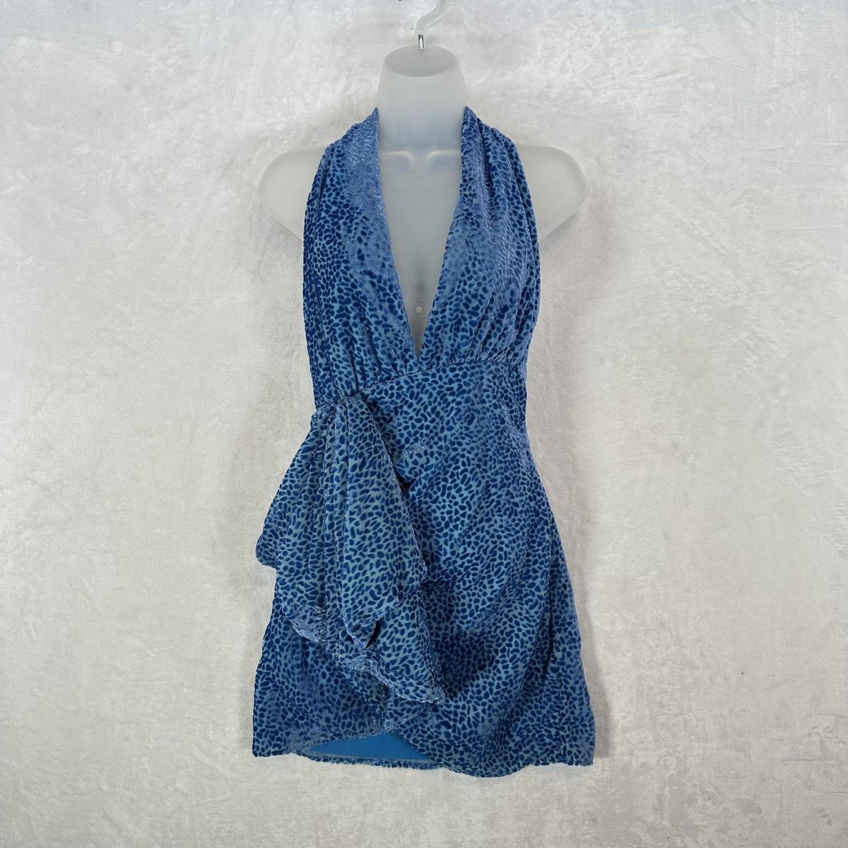 NBD Dress Womens Small Blue Halter Plunge Mini Ruffle Leopard Burnout  Velvet | eBay