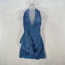 NBD Dress Womens Small Blue Halter Plunge Mini Ruffle Leopard Burnout Velvet