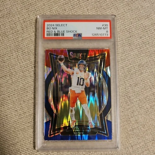 2024 Panini Select Concourse Bo Nix  Red  Blue Shock Prizm (RC) PSA 8!! Broncos