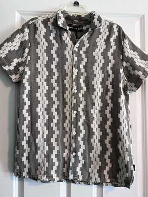 INDICODE Men s M Gray/White Geometric Woven Short Sleeve Button-Up Shirt Cotton