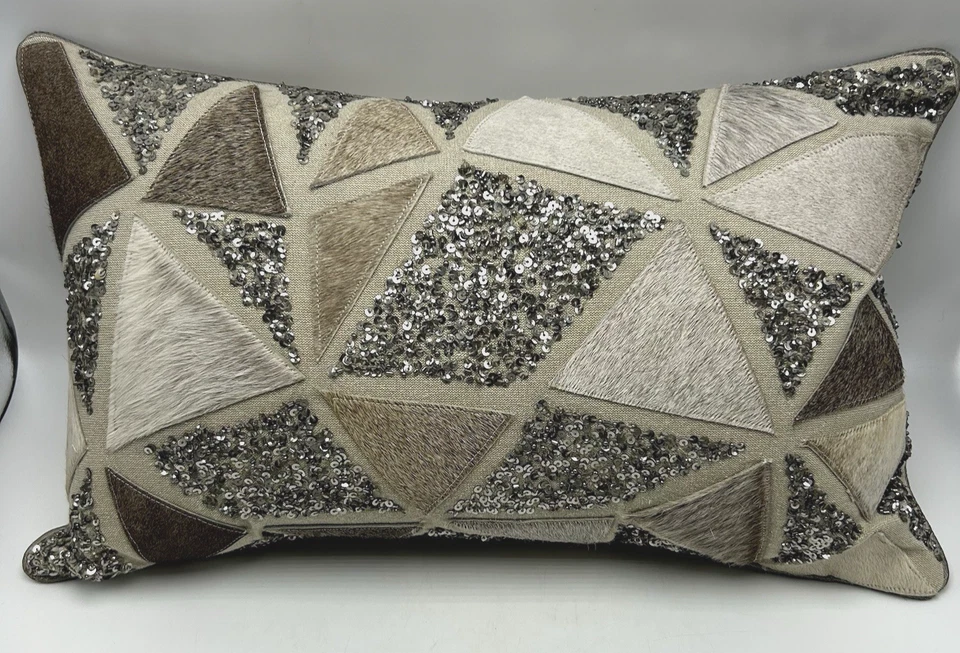 Leather Natural Cow Hide Fur Accent Pillow Lumbar Down Fill Sequin Western - Image 2 of 4