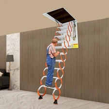 11 Steps Attic Ladder Pull Down Attic Stairs Wall-Mounted Folding Stairs