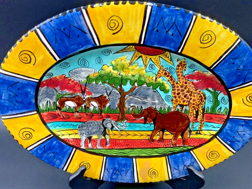 Vintage Hand Painted Penzo Zimbabwe 13" x 10” Oval Plate Year 2000 Safari Animal - Picture 3 of 5