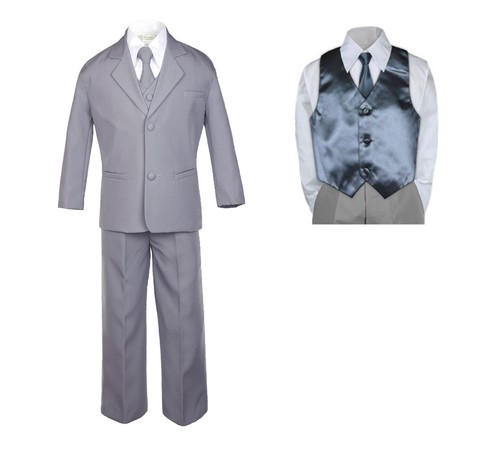 7pc Baby Toddler Boy Formal Party Medium Gray Suit w/Satin Vest & Necktie M-20 - Picture 8 of 25