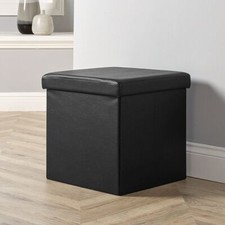 Folding Ottoman Chest Black Faux Leather Solid Sturdy Storage Space Saving Box