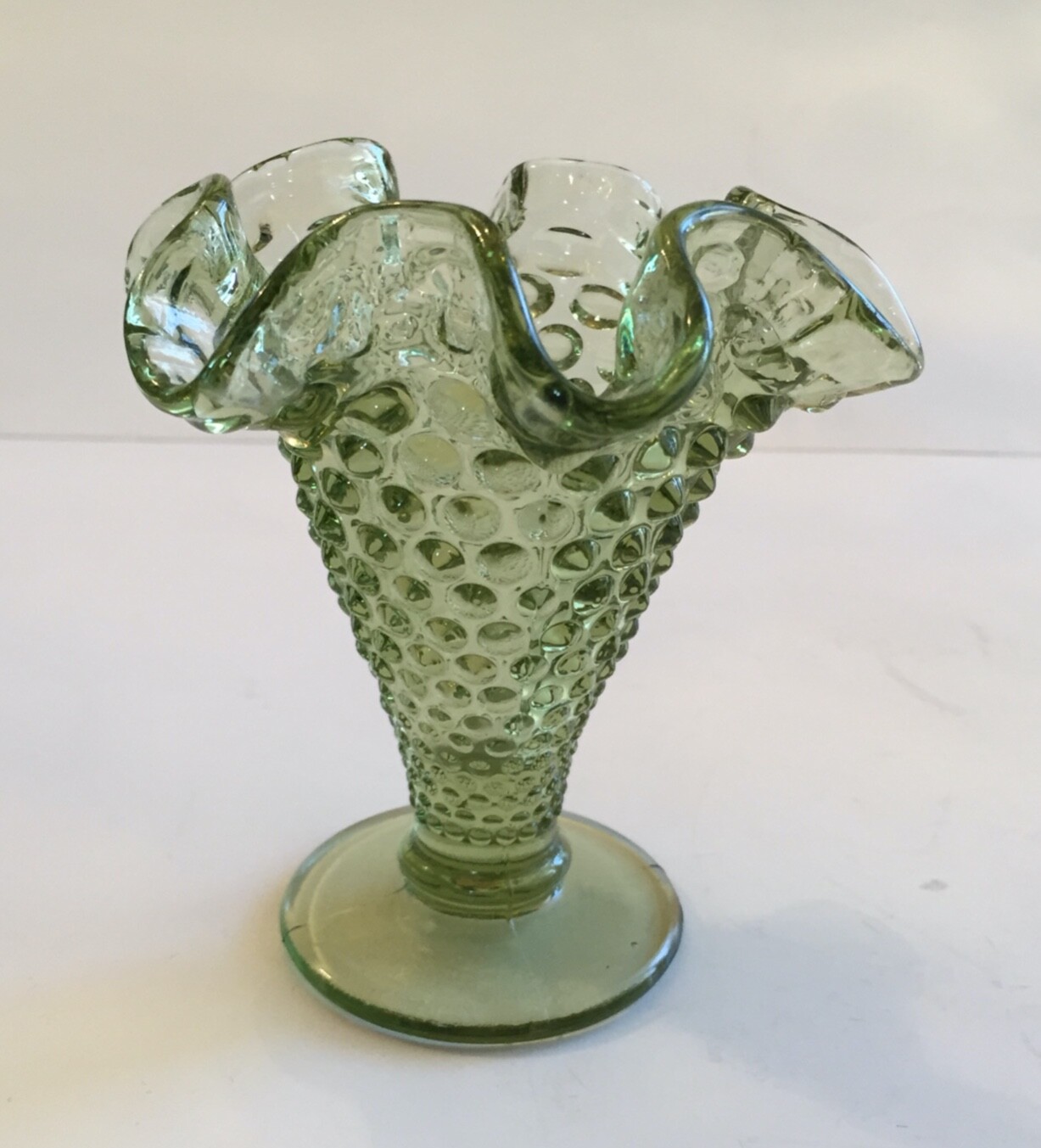 Vintage Clear Green Fenton Small 4 Hobnail Glass Vase CrimpedRuffled