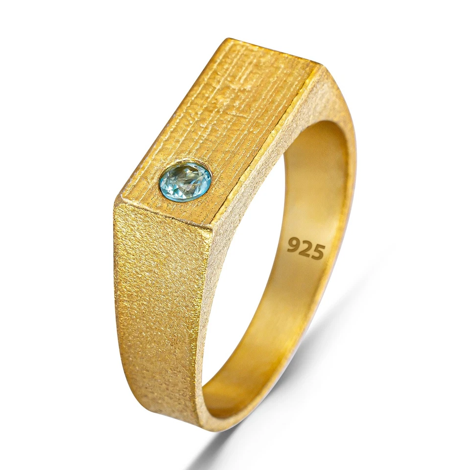 Anillo básico de plata de ley 925 enchapado en oro rectangular piedra aguamarina para hombre Foto 3 de 4